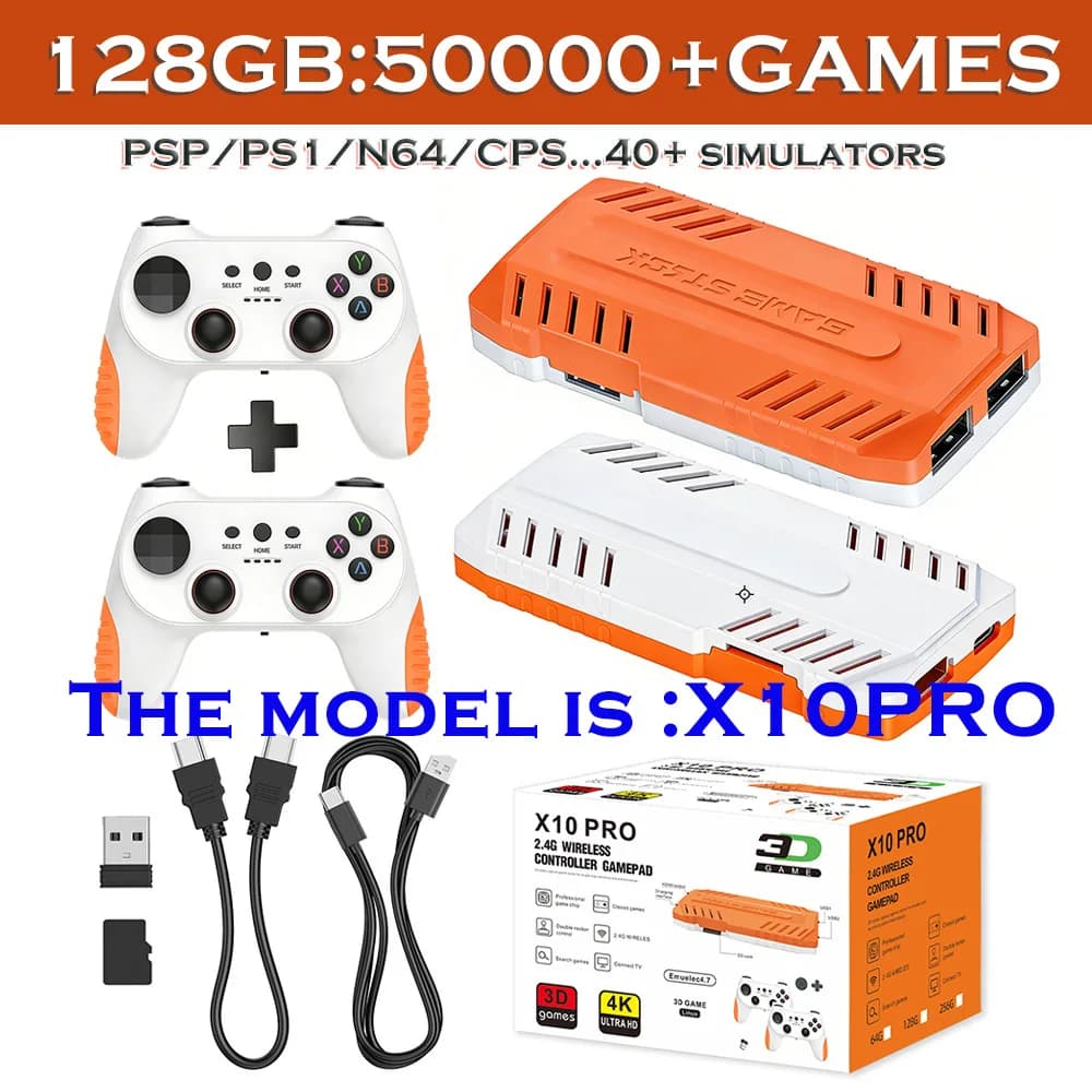 Console de Jeu X10 Pro 4K avec Stick de Jeu 128 Go, Plus de 50000 Jeux Rétro Intégrés, 50 Émulateurs