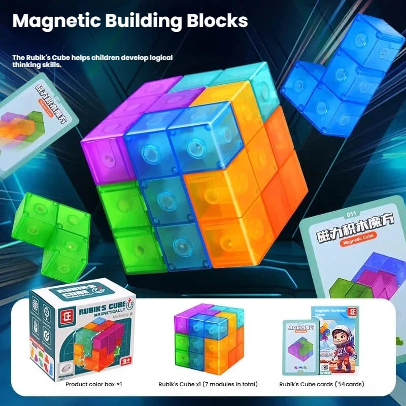 Blocs de construction magnétiques, cubes de puzzle 3D, blocs magnétiques multi-formes avec 54 cartes