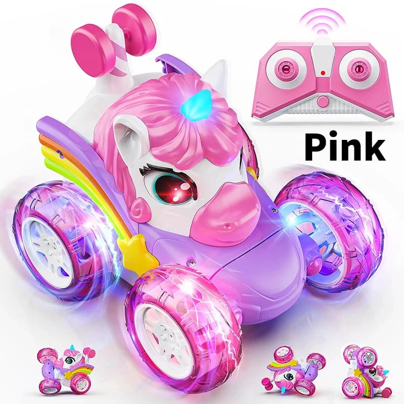 Voiture télécommandée licorne pour filles, 360 ° Voitures RC cascadeuses rotatives 4WD avec lumièr