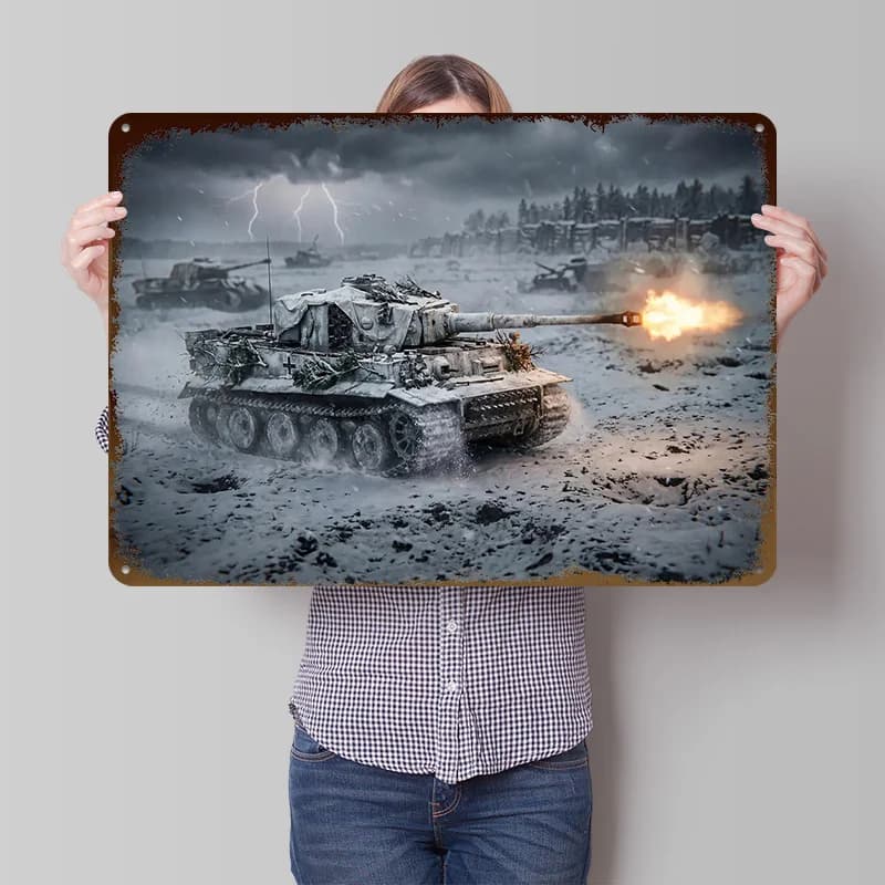 Affiche métallique personnalisée « Char Tigre en action dans un paysage hivernal », Art mural rétro