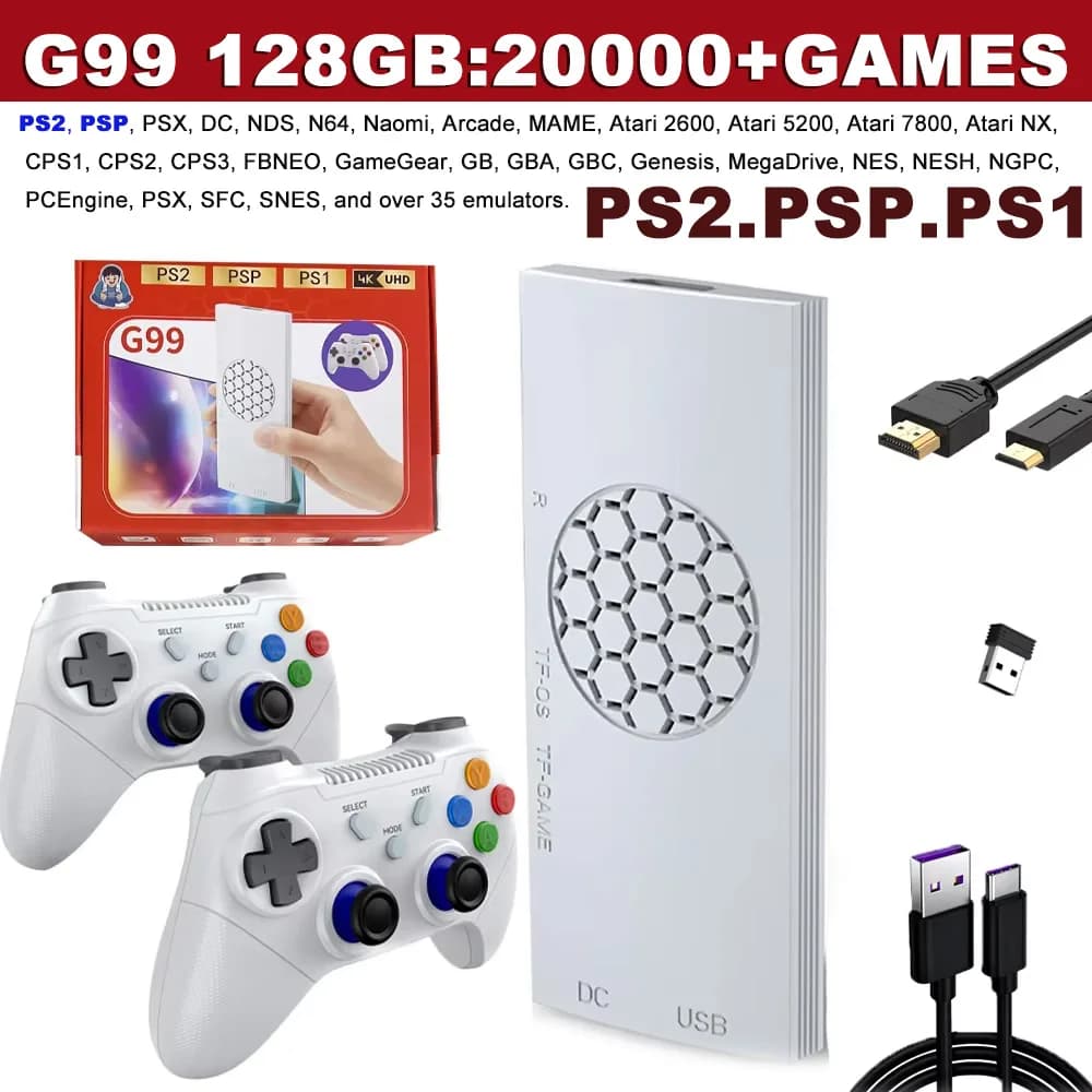 Console de jeux rétro G99 4K HDMI, deux manettes sans fil 2,4 GHz, 128 Go de stockage intégré et plu