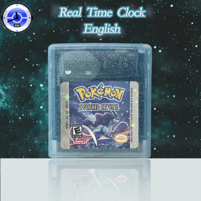 Cartouche de jeu GBC Pokémon en version anglaise, édition Polished Crystal, avec horloge en temps ré