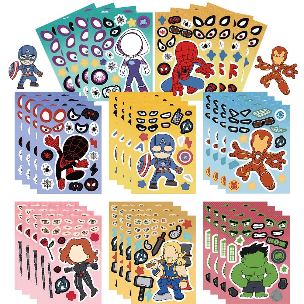 8/16 feuilles d'autocollants puzzle Marvel Anime The Avengers, dessins animés Spider-Man Hulk, pour