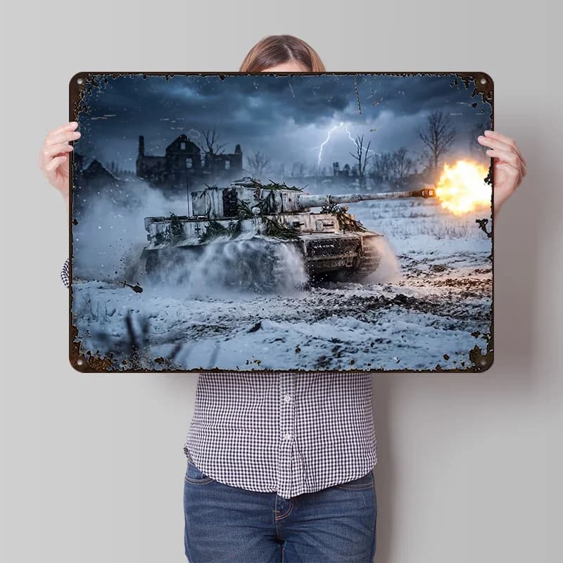 Affiche de char d'assaut Tiger tirant dans un paysage hivernal, Plaques métalliques vintage personna