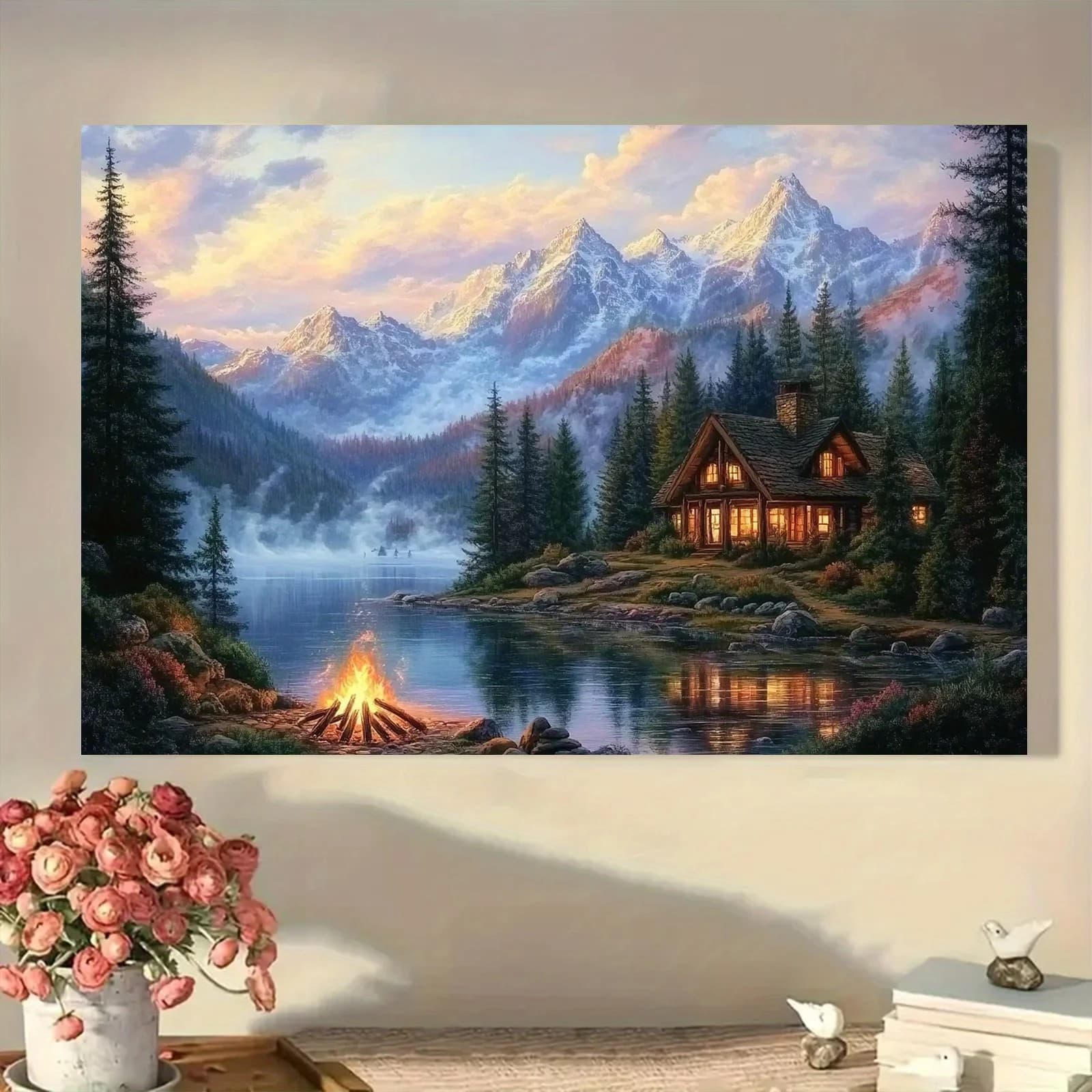 Puzzles pour adultes 500/1000/1200/2000 pièces, Scène de maison de montagne avec feu de camp, Jeu de