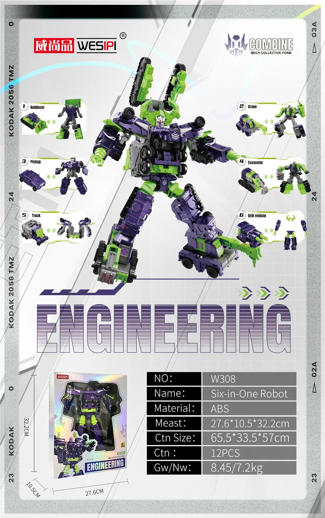 Robot de déformation ingénierie 6-en-1 transformable, figurine d'action combinée Mecha et Véhicules