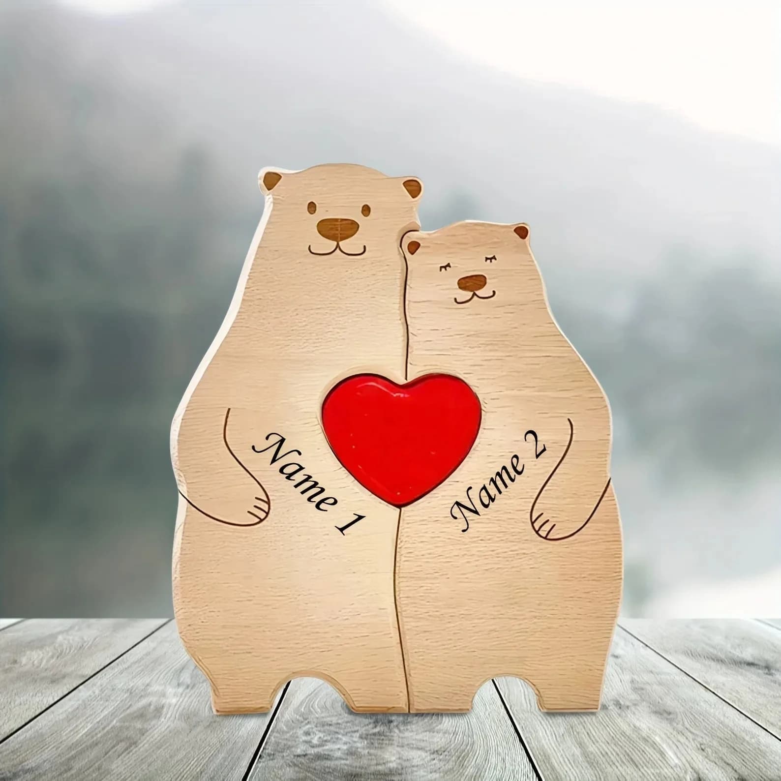 Puzzle ours familial personnalisé – Décor rustique en bois personnalisé de 2 à 6 noms, cadeau idéal