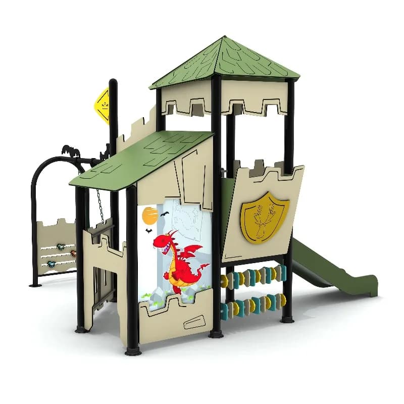 Structure de jeu extérieure en bois avec maisonnette en acier, toboggan et mur d'escalade pour enfan