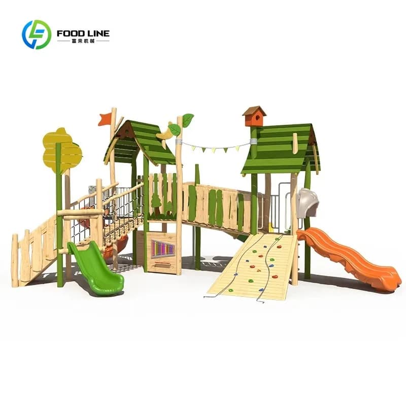 Équipement de terrain de jeu extérieur en bois commercial avec toboggan et structure d'escalade pour