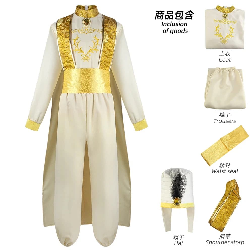 Costume de Cosplay Prince Arabe Brodé Or et Blanc avec Chapeau – Tenue Traditionnelle Ethnique pour