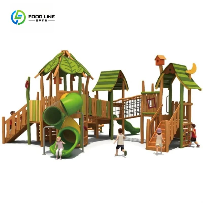 Aire de jeux extérieure en bois inspirée de la nature pour enfants avec toboggan et tunnel, pour uti