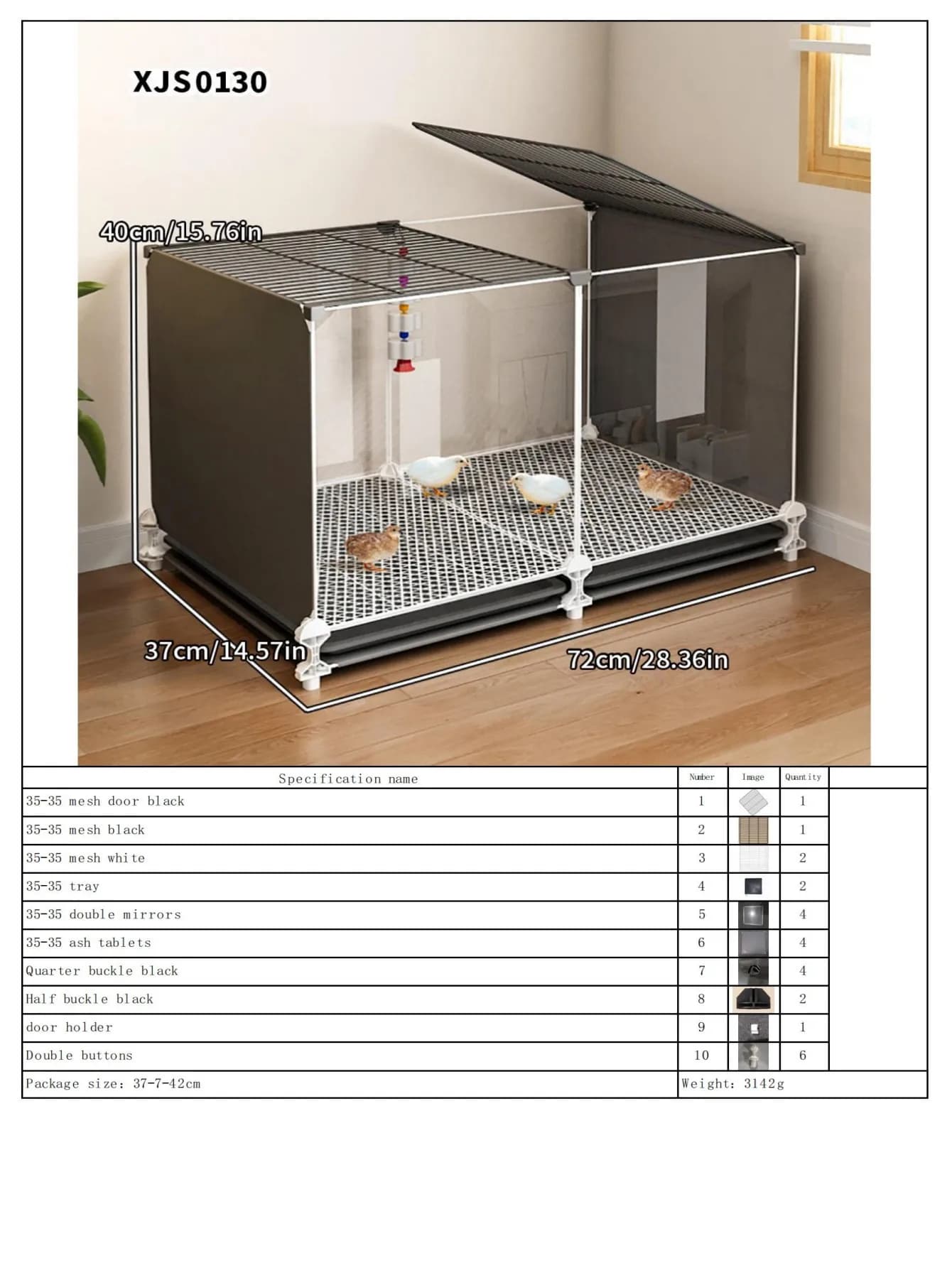 Poulailler pour usage domestique avec plateau de toilette visible, grande cage d'élevage, nid de pou