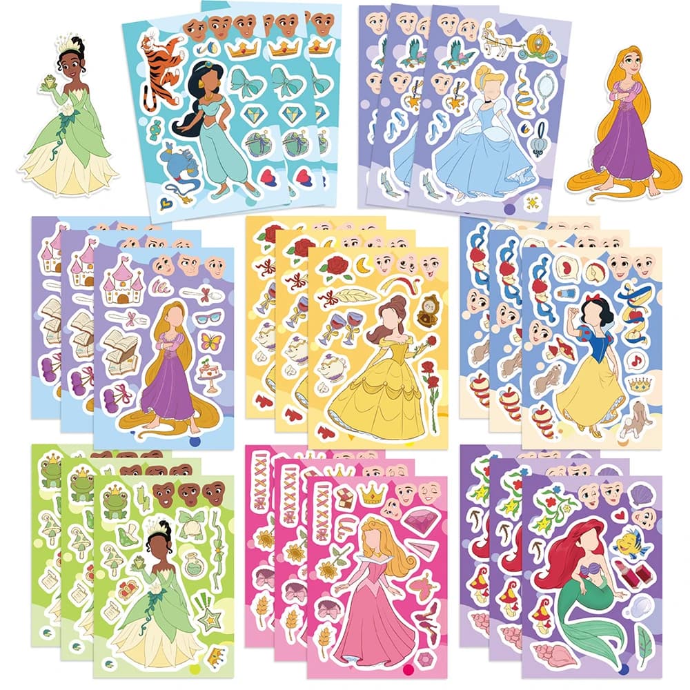 8/16/24 feuilles Disney Prinsess enfants Puzzle autocollants faire un visage drôle assembler Puzzle