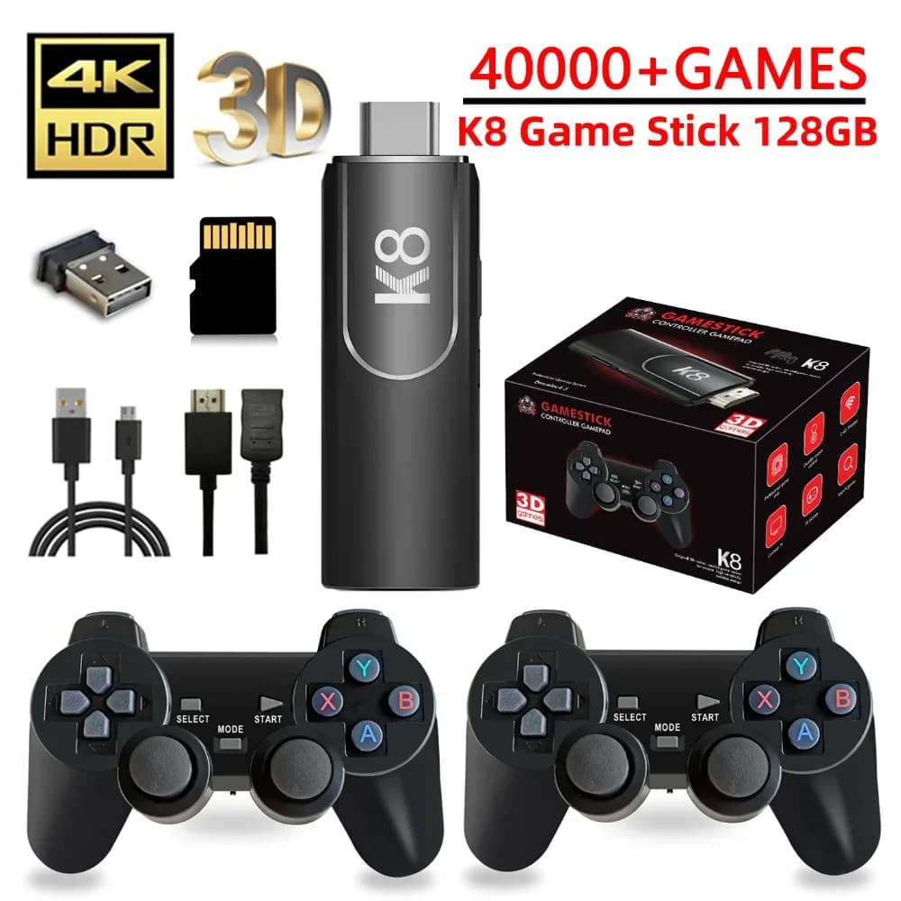 Console de jeux vidéo rétro K8 Game Stick 4K HD 64G 40000+ jeux 40+ simulateurs Contrôleur sans fil