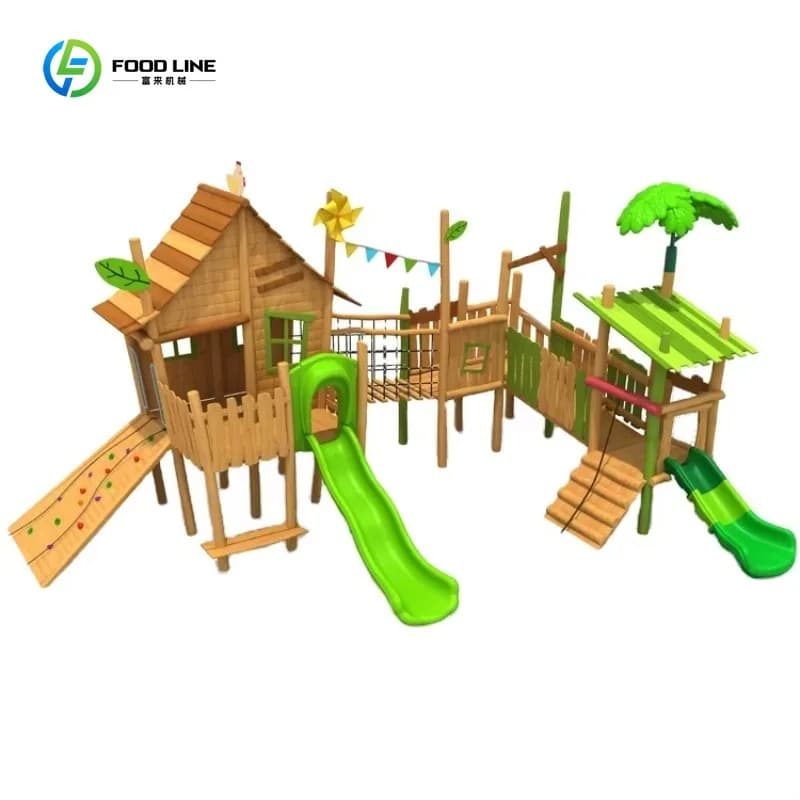 Équipement de terrain de jeu extérieur en bois durable avec toboggan et structure d'escalade pour en
