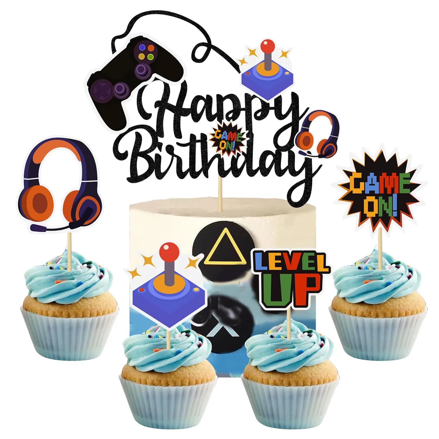 Décoration de gâteau de jeu vidéo, contrôleur de joyeux anniversaire, casque, décoration de gâteau p