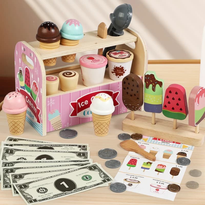 Ensemble de jouets pour chariot à crème glacée, comprend des cônes de crème glacée, une cuillère et