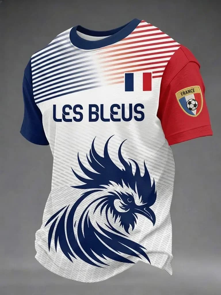 T-shirt de football France 2026 Simple Line Gaul Rooster, rouge et bleu, bicolore, Roland, manches c