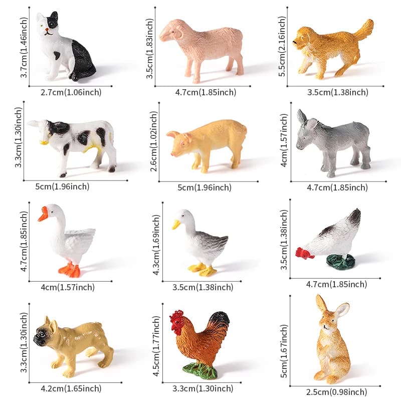 12 pièces Mini Figurines de ferme modèle Animal réaliste chien canard coq cochon mouton chat Figurin