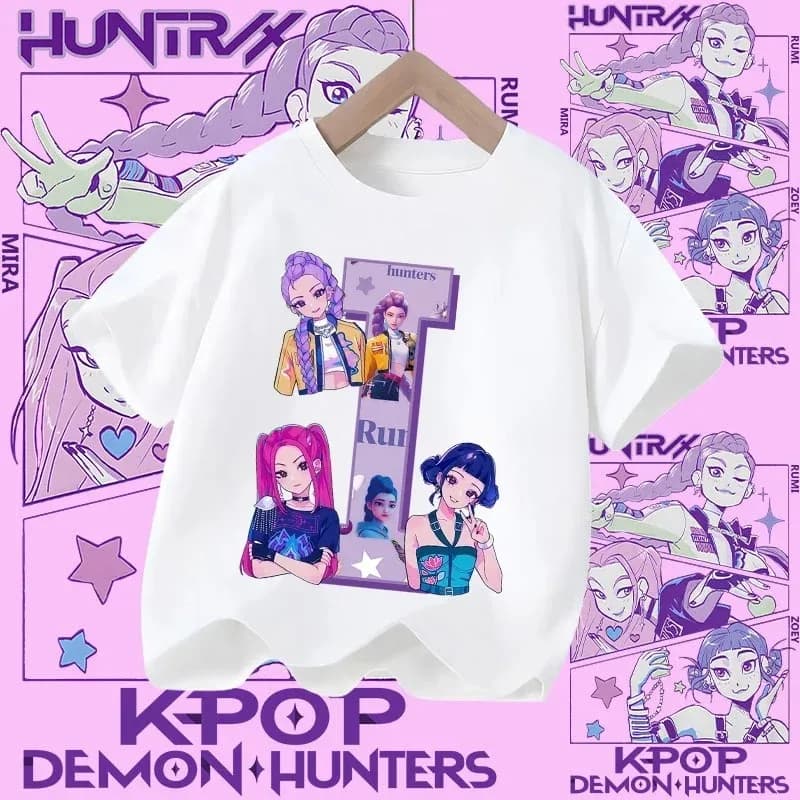 T-shirt KPop Demon Hunters pour enfants, haut en coton blanc à manches courtes pour filles et garçon