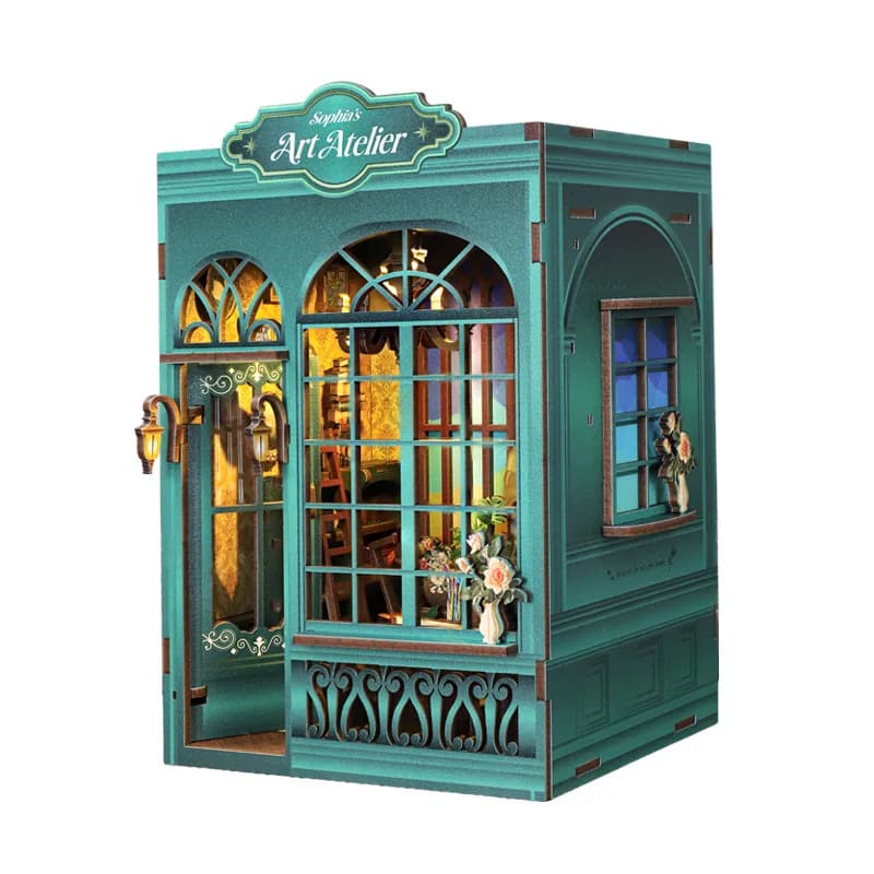 Kits de modèles miniatures en bois DIY Atelier d'art de Sophia avec meubles et lumières LED, maison