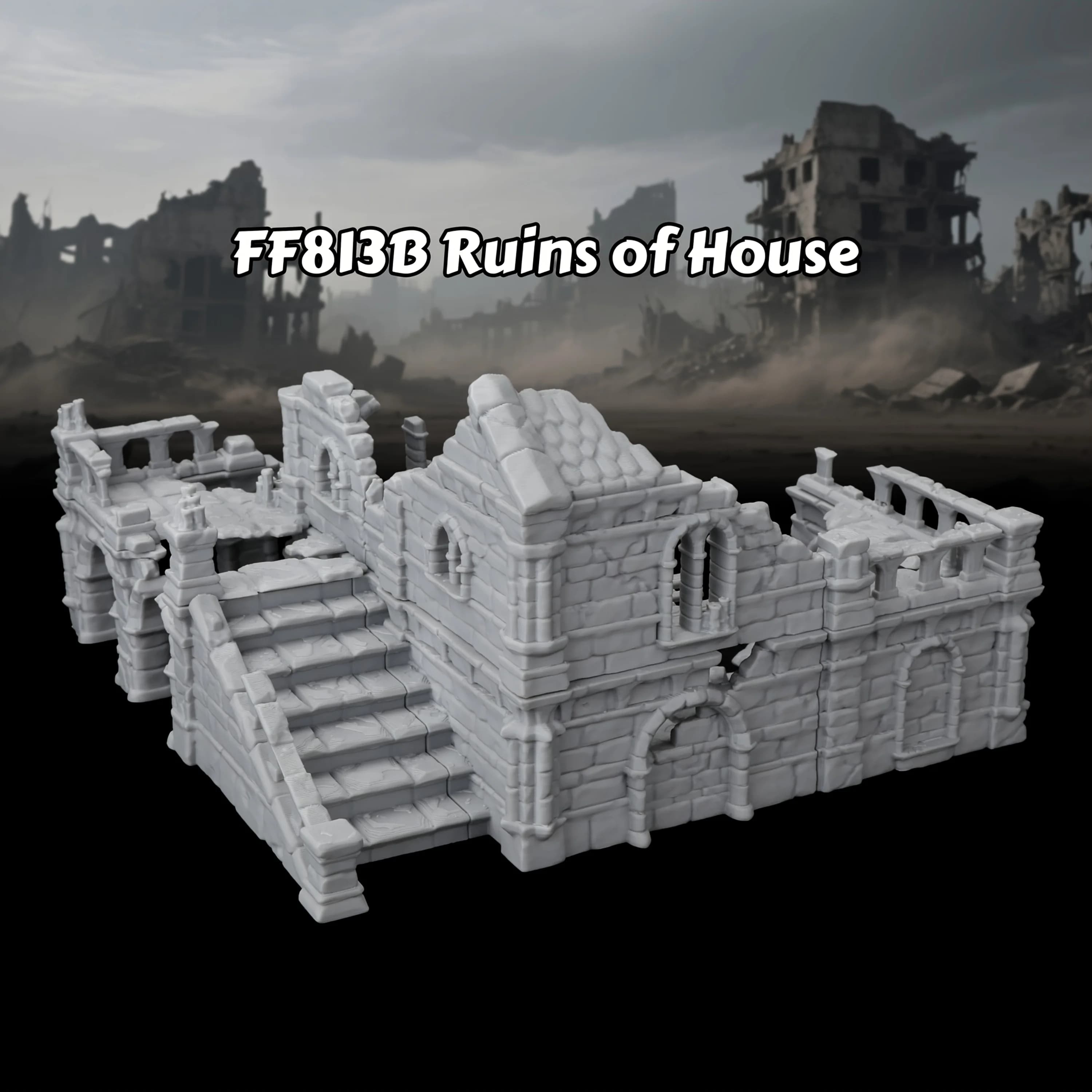 Ensemble de terrains miniatures RPG Ruins – Route enruisselée et ruines de maison pour scénarios de