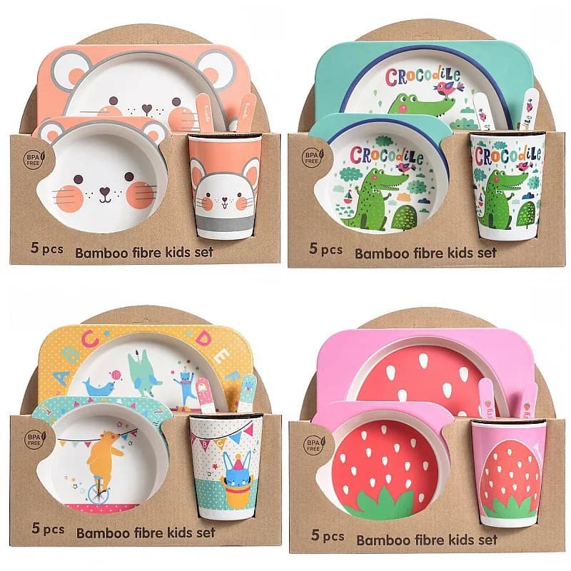 Ensemble de bols en bambou naturel pour bébé, 5 pièces, mignon, dessin animé, cadeau
