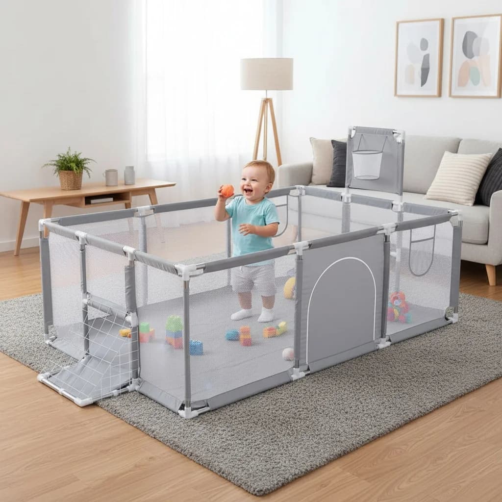Aire de jeux pour bébé, parc pour bébé de 70 pouces, boîte de clôture grise pour enfants avec Angle