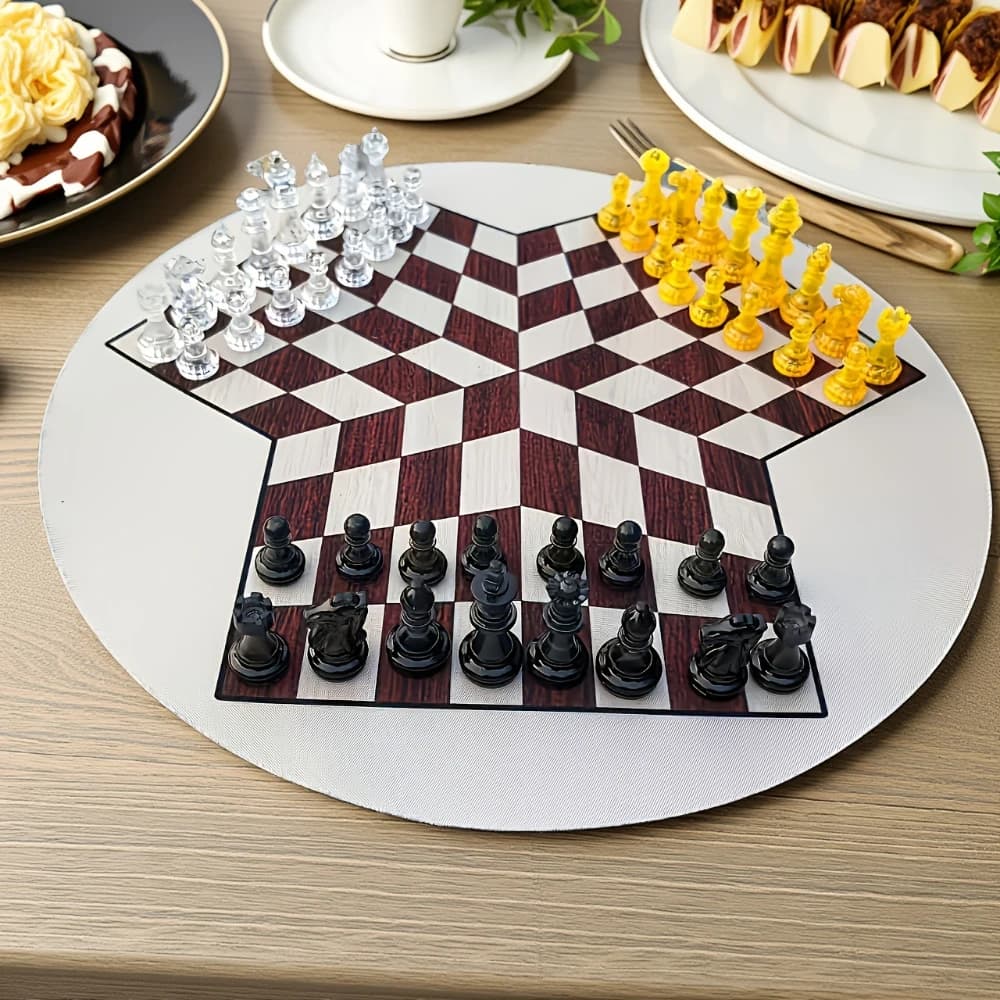 Jeu d'échecs pour 3 joueurs avec des pièces transparentes, comprenant des pièces transparentes haut